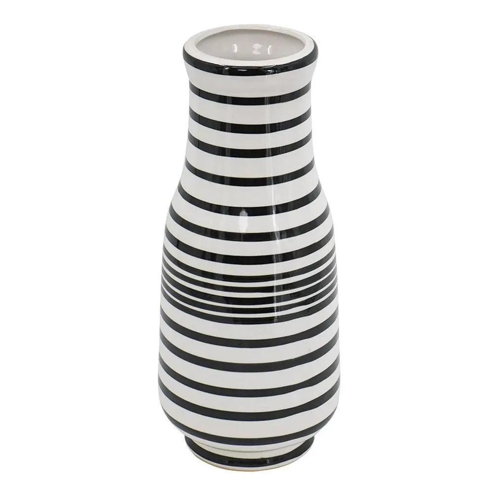 18" Black And White Hand Painted Stripe Ceramic Table Vase - NOBLE HOME INTERIORS