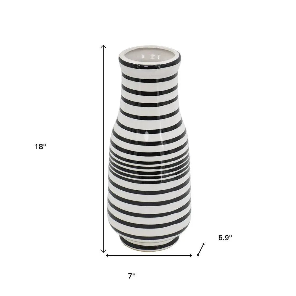 18" Black And White Hand Painted Stripe Ceramic Table Vase - NOBLE HOME INTERIORS
