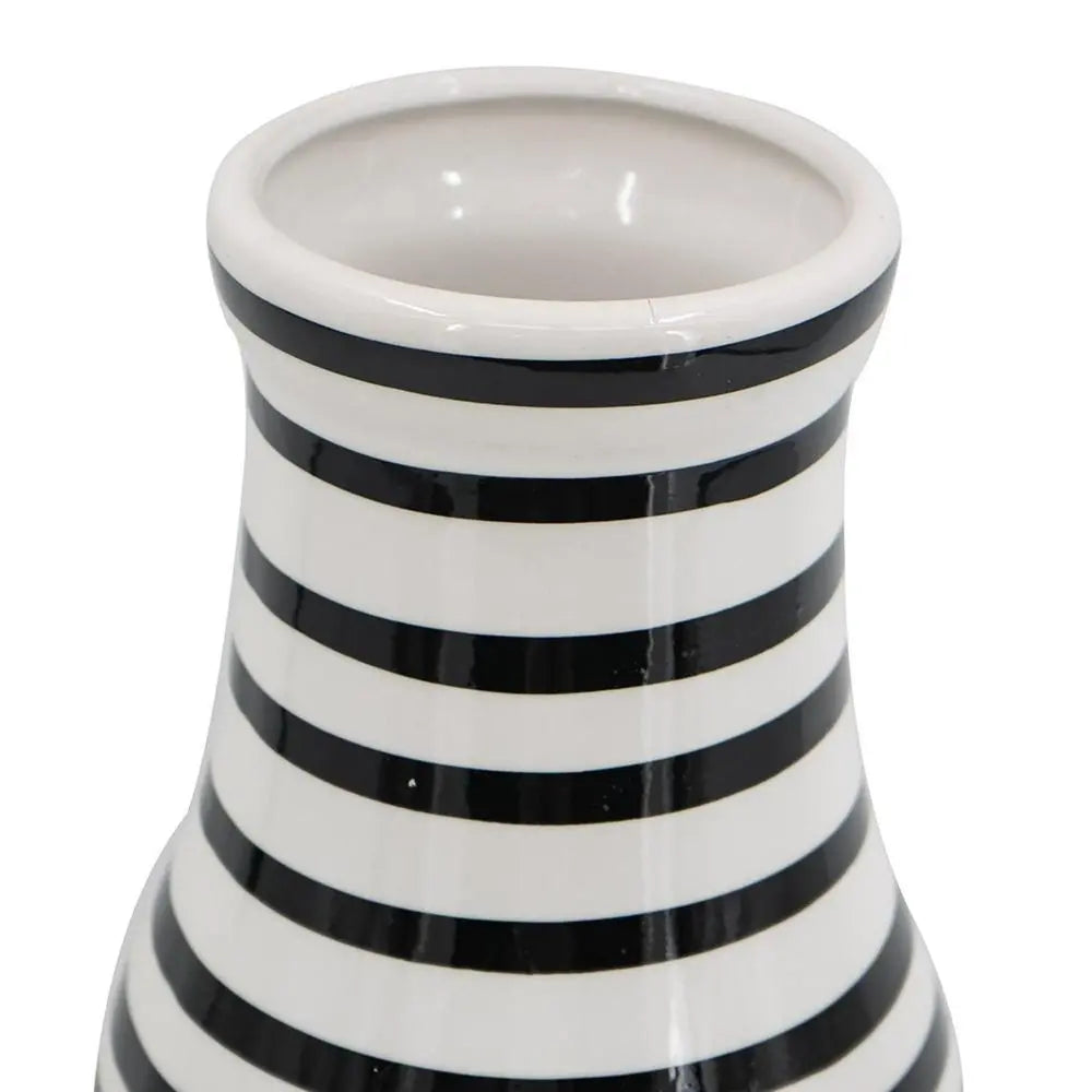 18" Black And White Hand Painted Stripe Ceramic Table Vase - NOBLE HOME INTERIORS