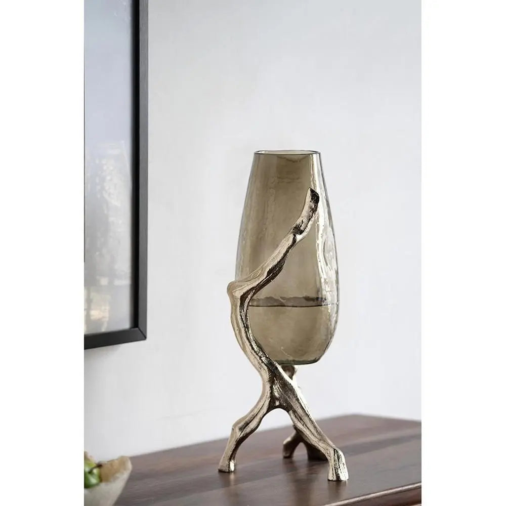 18" Champagne Glass And Metal Table Vase - NOBLE HOME INTERIORS