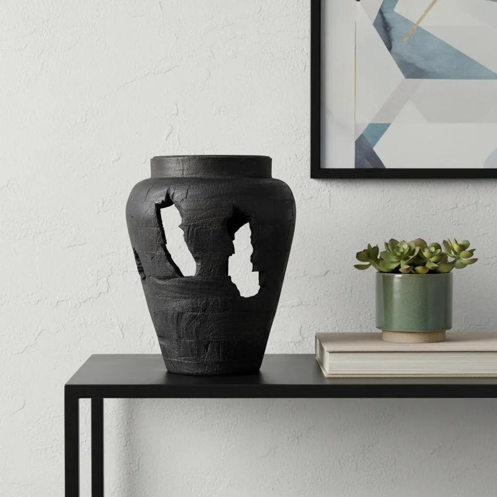 18" Ebony And Black Abstract Solid Wood Table Vase With Sculptural Details - NOBLE HOME INTERIORS