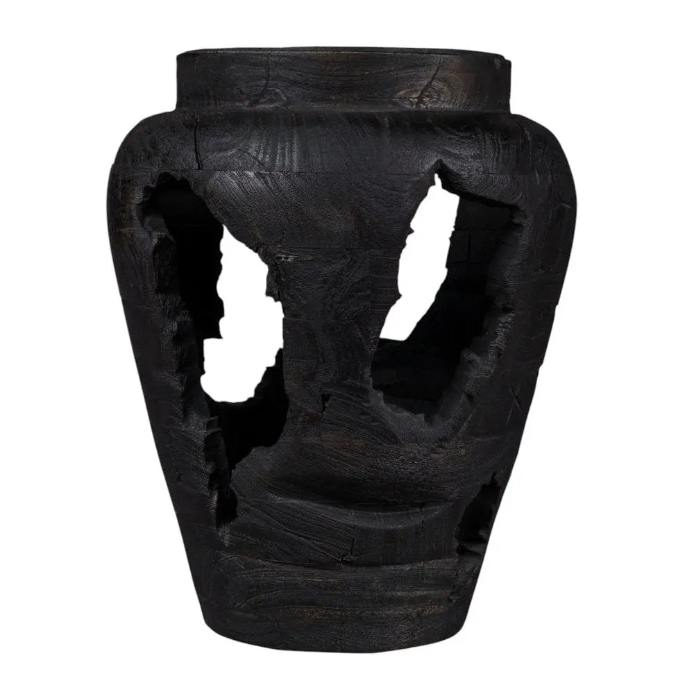 18" Ebony And Black Abstract Solid Wood Table Vase With Sculptural Details - NOBLE HOME INTERIORS