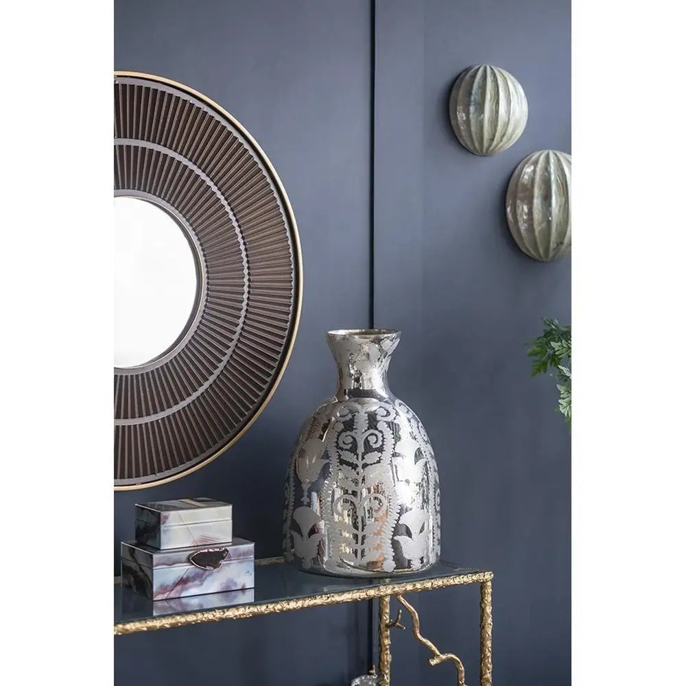 18" Silver Floral Round Glass Table Vase - NOBLE HOME INTERIORS