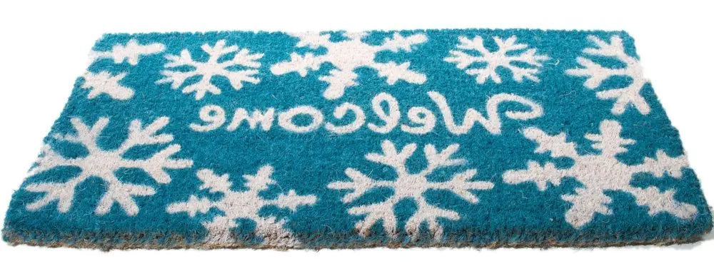 18" X 30" Aqua Blue and White Coir Snowflake Welcome Outdoor Winter Door Mat - NOBLE HOME INTERIORS