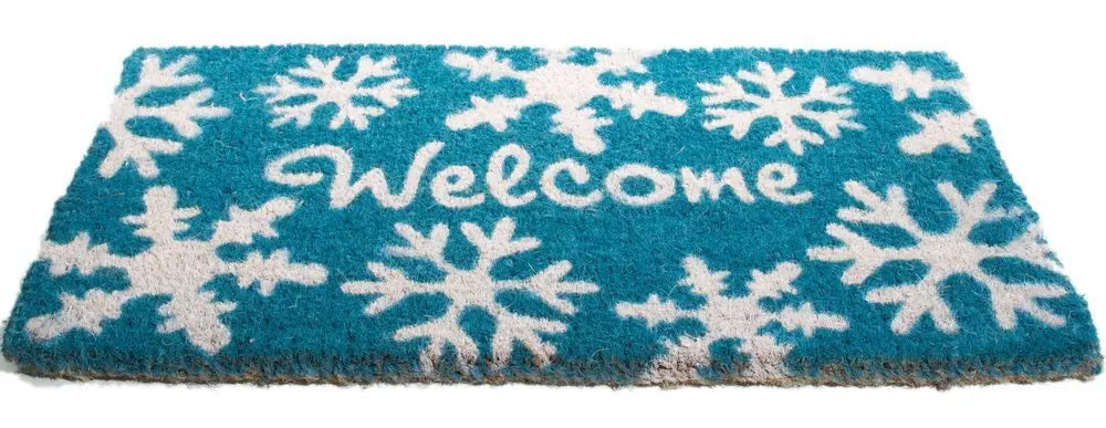 18" X 30" Aqua Blue and White Coir Snowflake Welcome Outdoor Winter Door Mat - NOBLE HOME INTERIORS