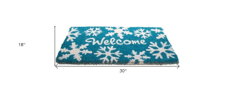 18" X 30" Aqua Blue and White Coir Snowflake Welcome Outdoor Winter Door Mat - NOBLE HOME INTERIORS