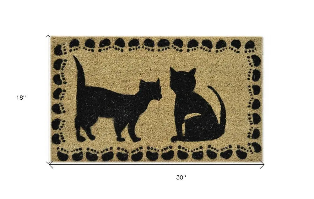 18" X 30" Beige and Black Coir Cat Outdoor Door Mat - NOBLE HOME INTERIORS