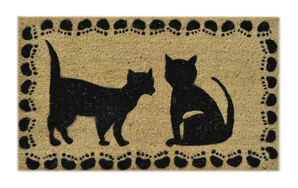 18" X 30" Beige and Black Coir Cat Outdoor Door Mat - NOBLE HOME INTERIORS
