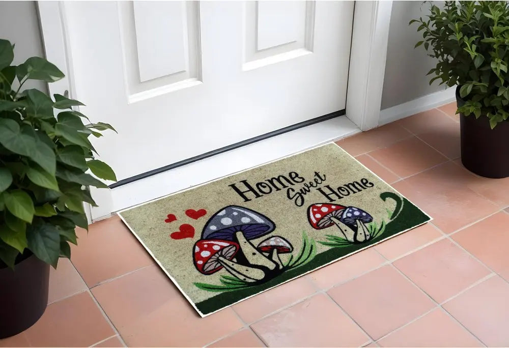 18" X 30" Beige and Black Coir Mushrooms Home Sweet Home Outdoor Door Mat - NOBLE HOME INTERIORS