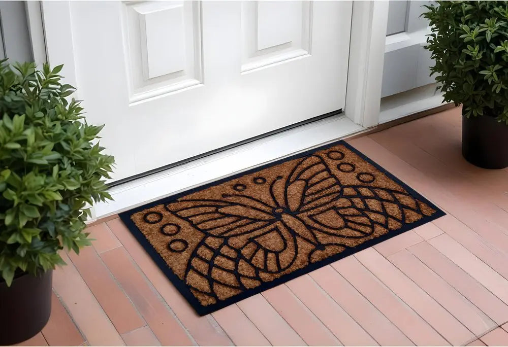 18" X 30" Beige and Black Rubber and Coir Outdoor Door Mat - NOBLE HOME INTERIORS