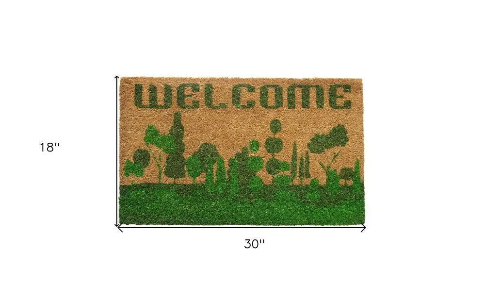 18" X 30" Beige and Green Coir Trees Welcome Outdoor Door Mat - NOBLE HOME INTERIORS