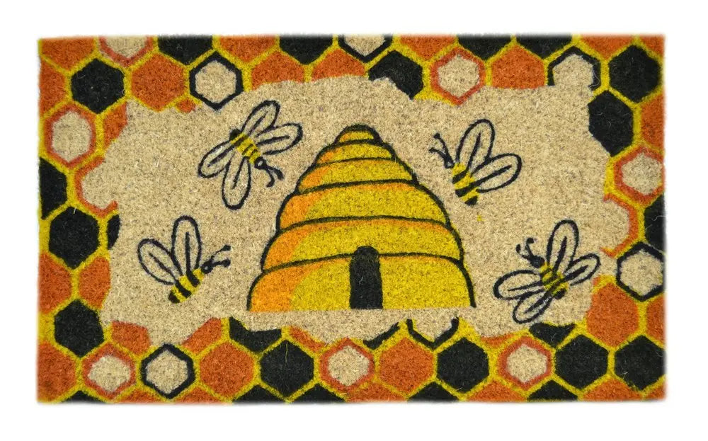 18" X 30" Beige and Orange Coir Bees Outdoor Spring Door Mat - NOBLE HOME INTERIORS