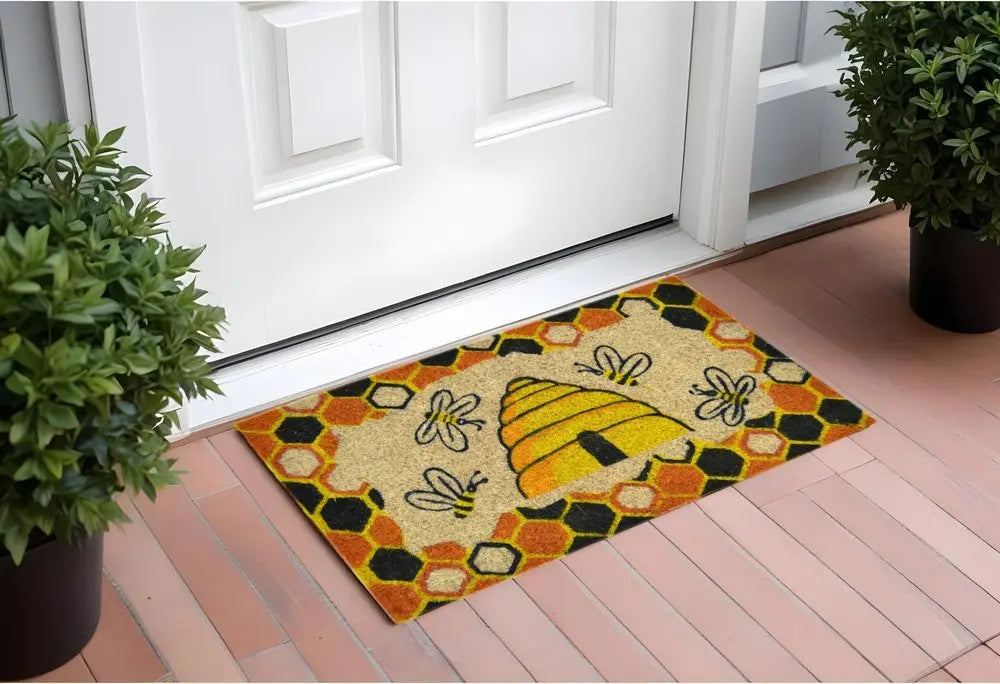 18" X 30" Beige and Orange Coir Bees Outdoor Spring Door Mat - NOBLE HOME INTERIORS