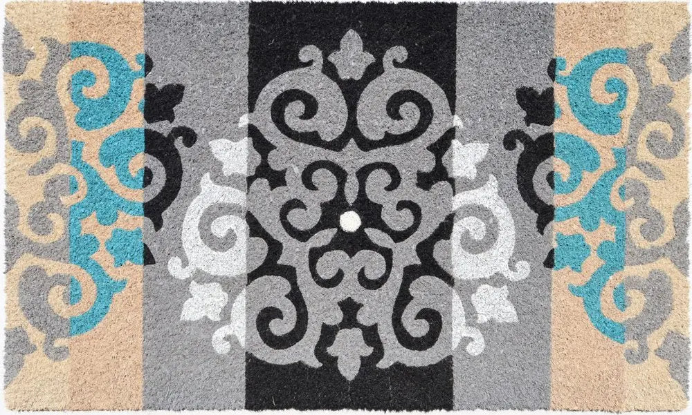 18" X 30" Beige and White Coir Damask Outdoor Door Mat - NOBLE HOME INTERIORS