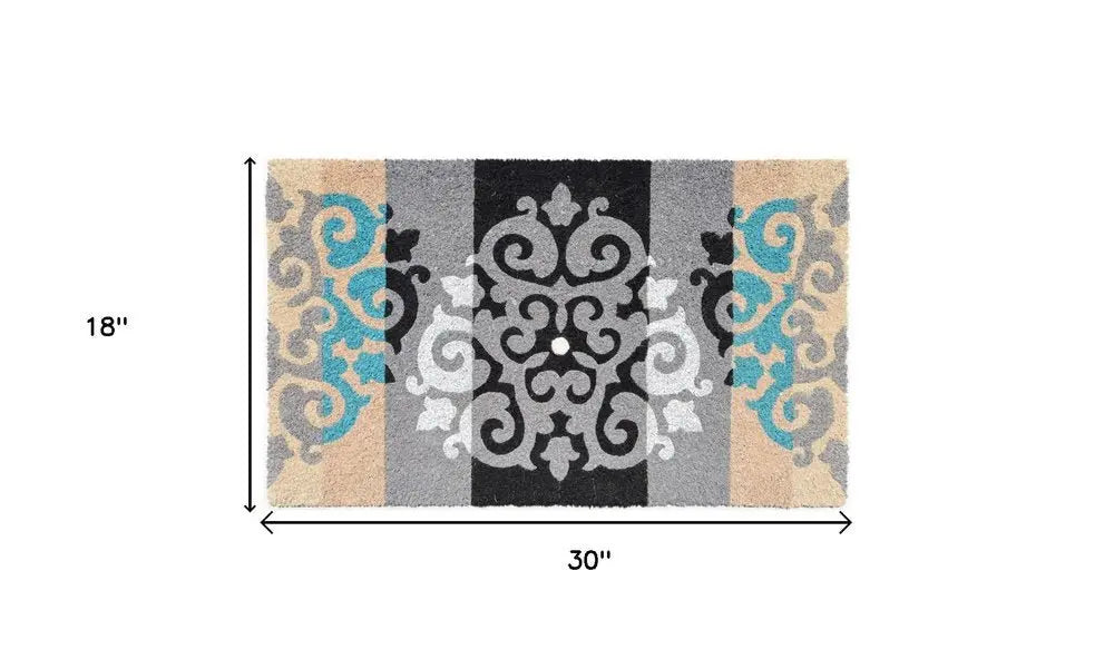 18" X 30" Beige and White Coir Damask Outdoor Door Mat - NOBLE HOME INTERIORS