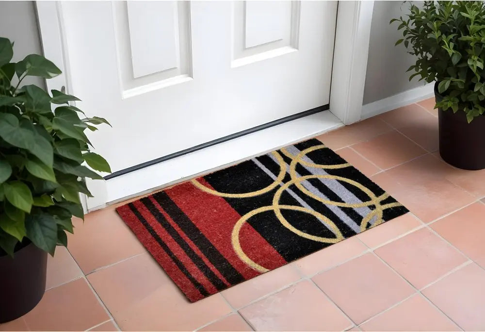 18" X 30" Black and Red Coir Striped Outdoor Door Mat - NOBLE HOME INTERIORS