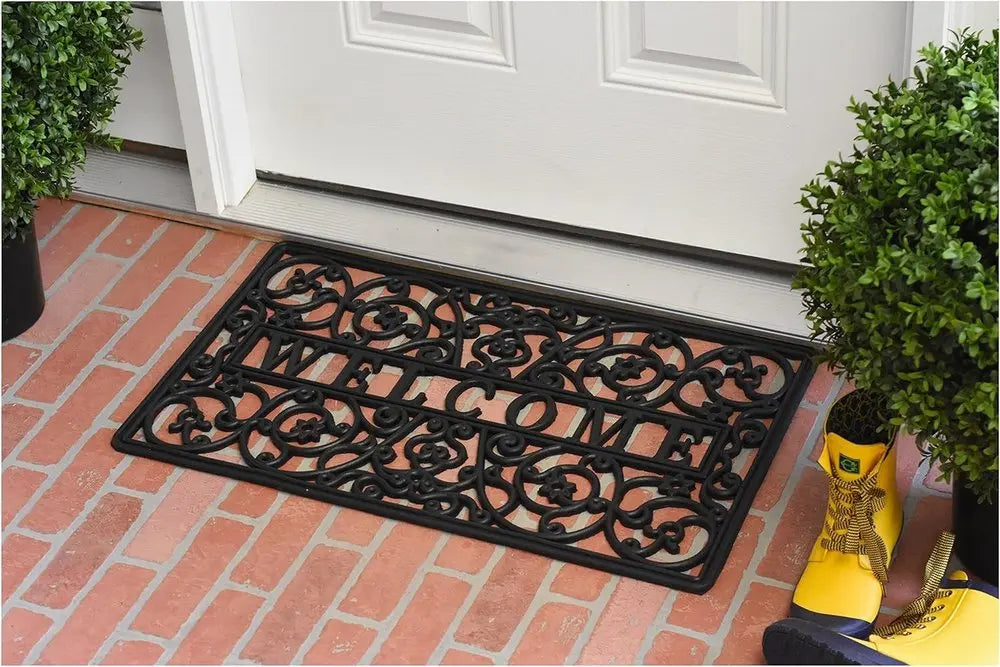 18" X 30" Black Rubber Scrollwork Welcome Outdoor Door Mat - NOBLE HOME INTERIORS