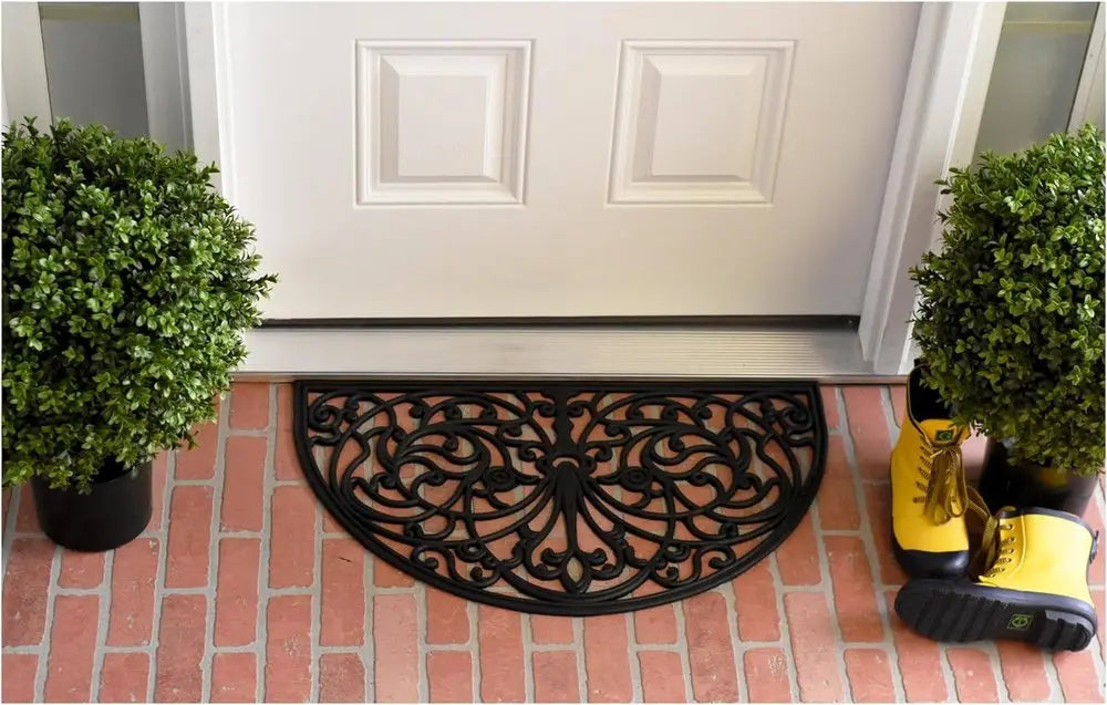 18" X 30" Black Rubber Scrollwork Welcome Outdoor Semi Circle Door Mat - NOBLE HOME INTERIORS