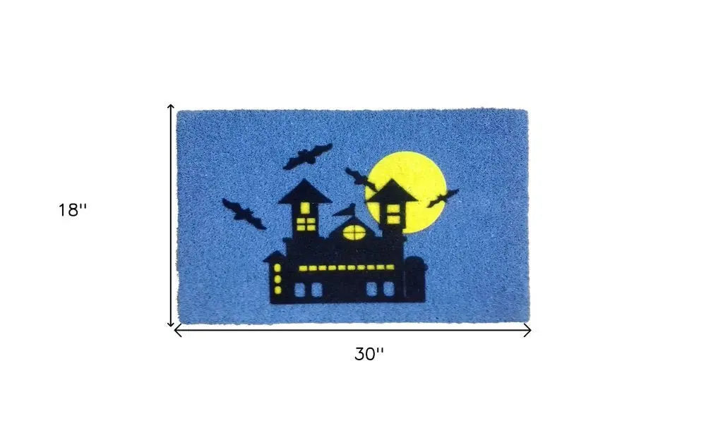 18" X 30" Blue and Black Coir Spooky House Outdoor Halloween Door Mat - NOBLE HOME INTERIORS