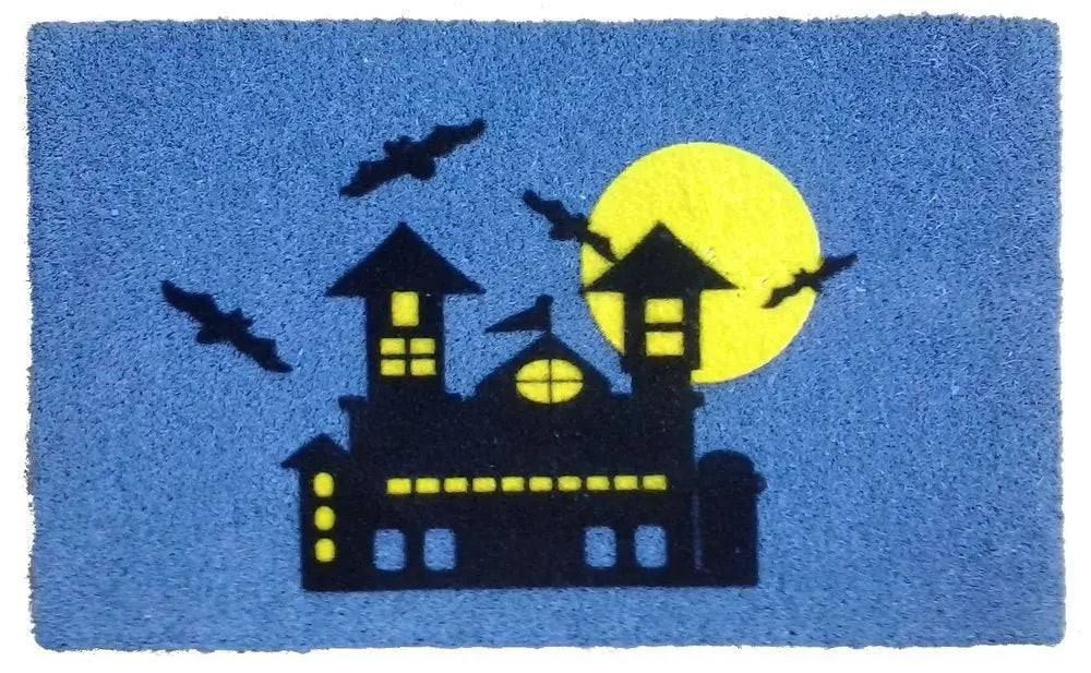 18" X 30" Blue and Black Coir Spooky House Outdoor Halloween Door Mat - NOBLE HOME INTERIORS