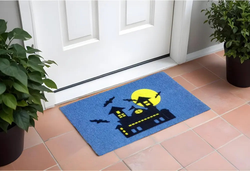 18" X 30" Blue and Black Coir Spooky House Outdoor Halloween Door Mat - NOBLE HOME INTERIORS