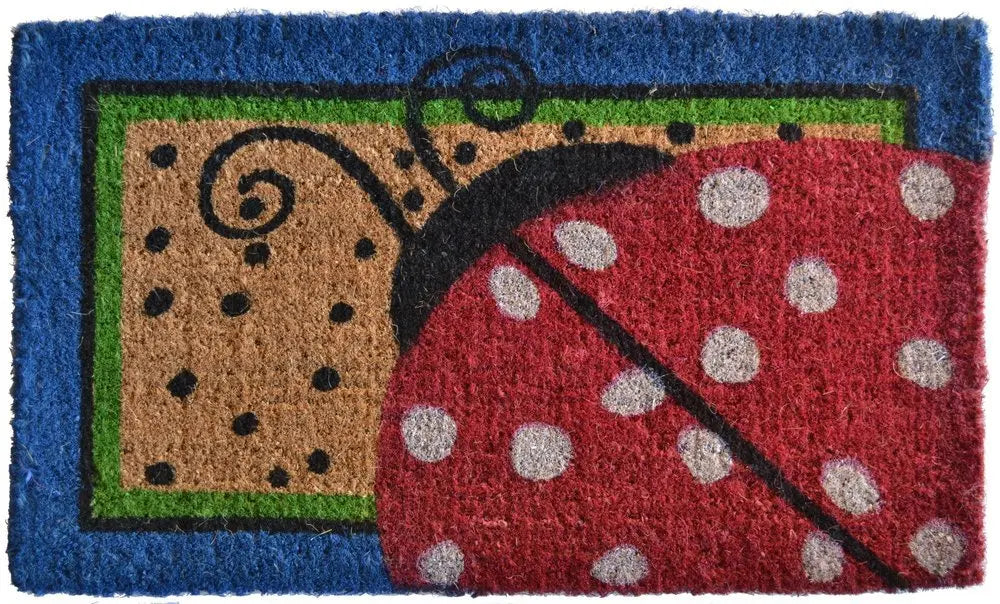 18" X 30" Blue and Brown Coir Ladybug Outdoor Door Mat - NOBLE HOME INTERIORS