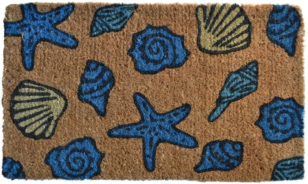 18" X 30" Blue and Brown Coir Seashells Outdoor Door Mat - NOBLE HOME INTERIORS