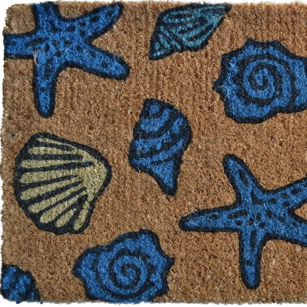 18" X 30" Blue and Brown Coir Seashells Outdoor Door Mat - NOBLE HOME INTERIORS