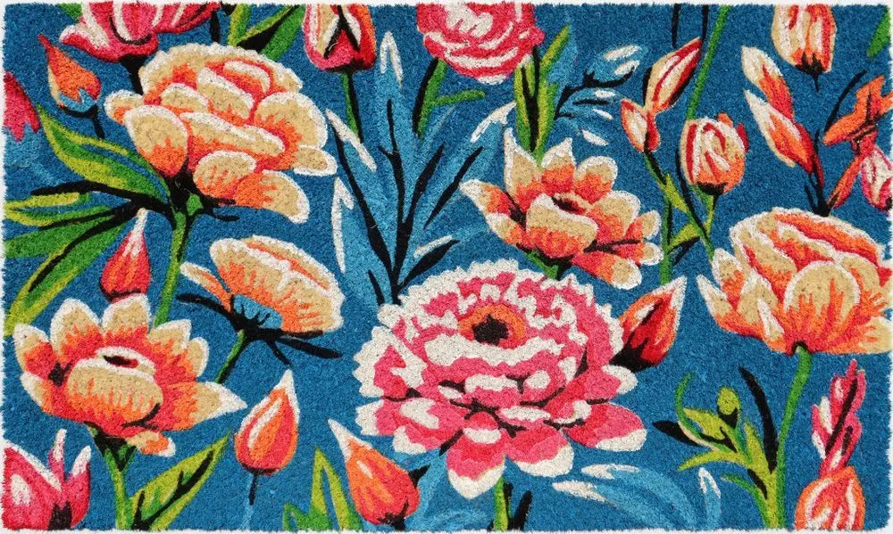 18" X 30" Blue and Pink Coir Floral Outdoor Door Mat - NOBLE HOME INTERIORS