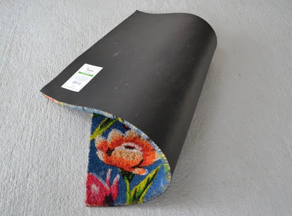 18" X 30" Blue and Pink Coir Floral Outdoor Door Mat - NOBLE HOME INTERIORS