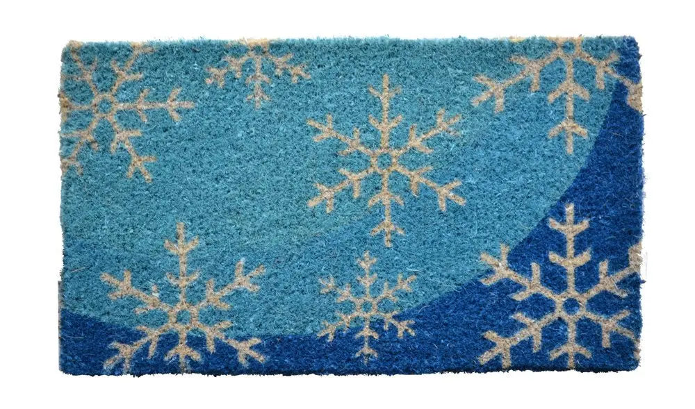 18" X 30" Blue and White Coir Snowflake Outdoor Winter Door Mat - NOBLE HOME INTERIORS