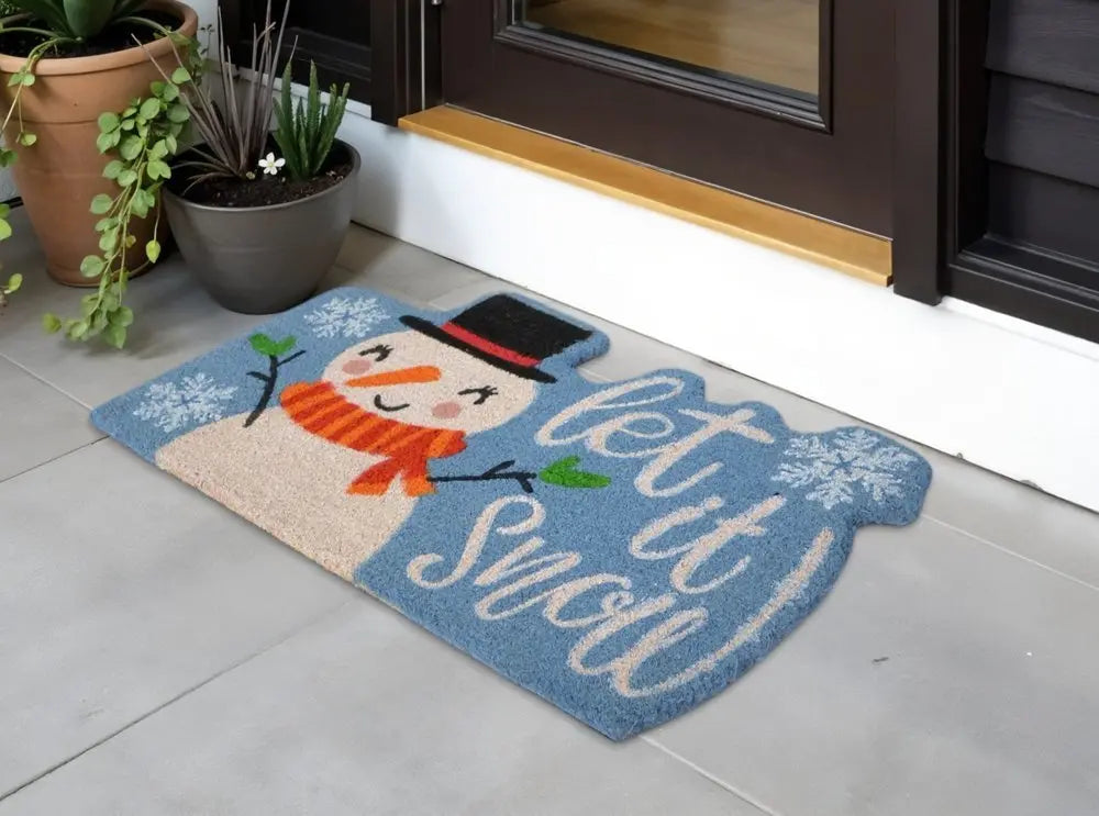 18" X 30" Blue and White Coir Snowman Outdoor Winter Door Mat - NOBLE HOME INTERIORS
