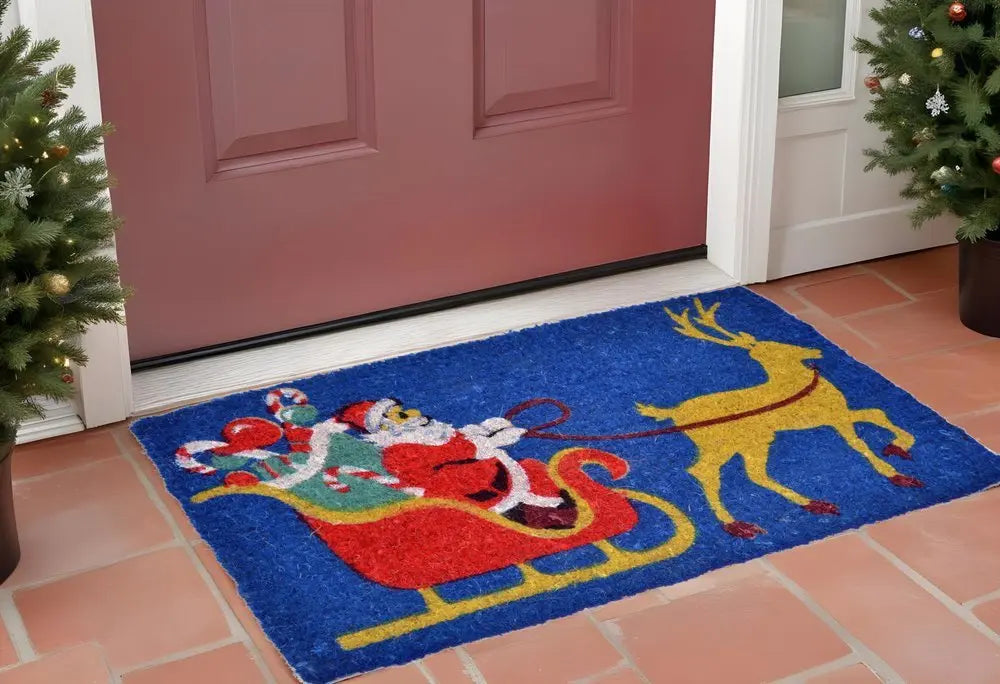 18" X 30" Blue and Yellow Coir Santa Claus Outdoor Holiday Door Mat - NOBLE HOME INTERIORS