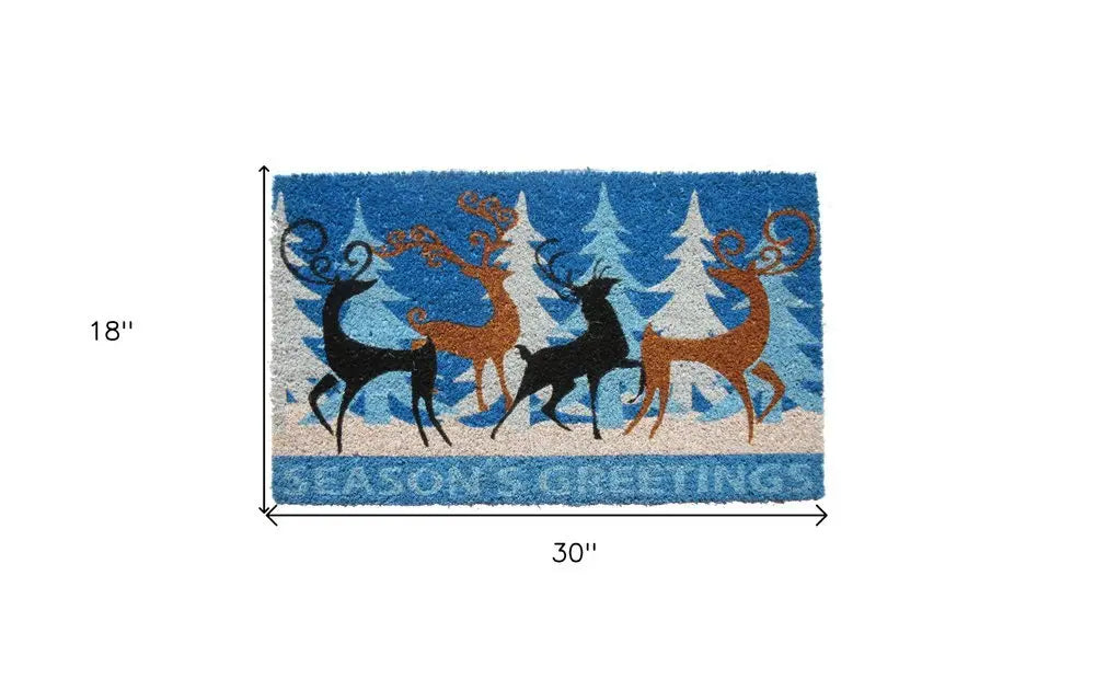 18" X 30" Blue Coir Deer Seasons Greetings Outdoor Holiday Door Mat - NOBLE HOME INTERIORS