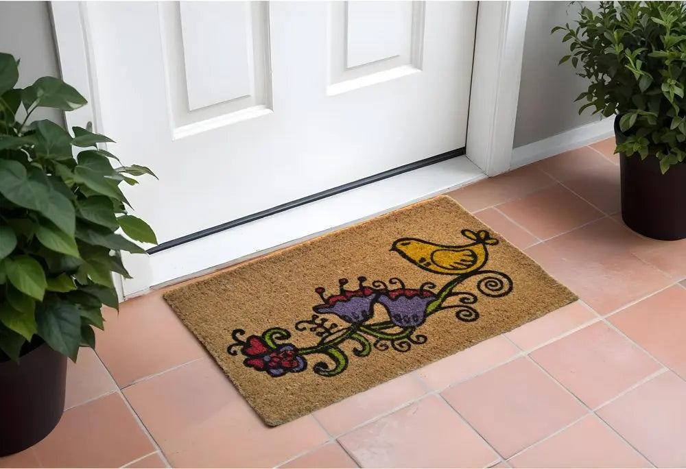18" X 30" Brown and Black Coir Floral Outdoor Door Mat - NOBLE HOME INTERIORS