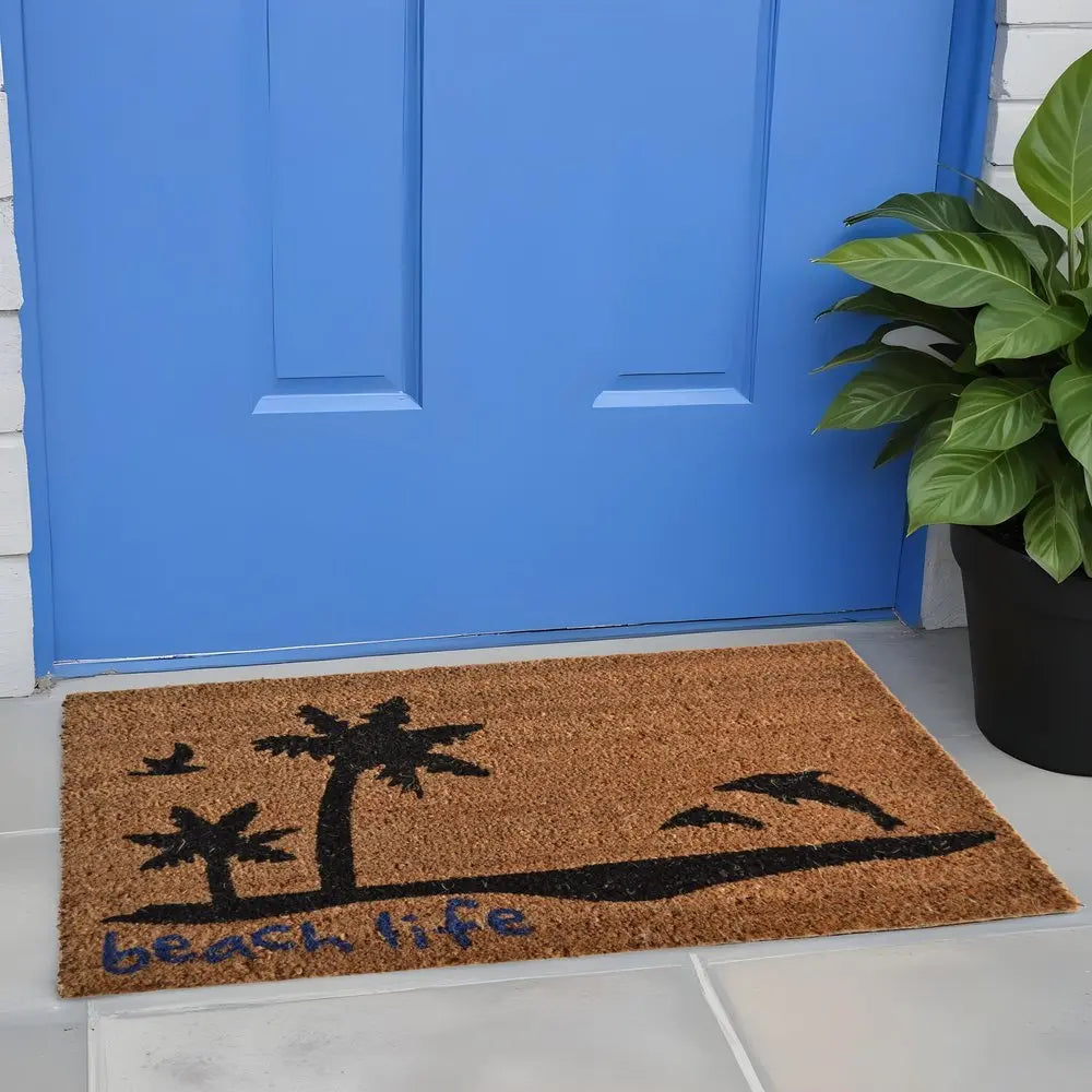 18" X 30" Brown and Black Coir Tropical Beach Life Outdoor Door Mat - NOBLE HOME INTERIORS
