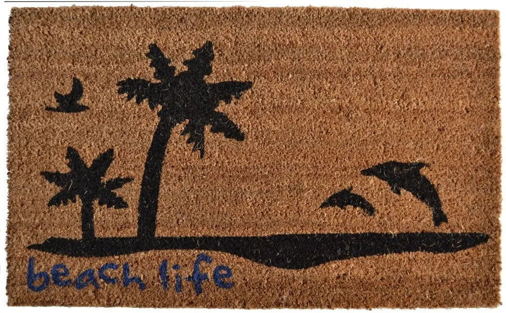 18" X 30" Brown and Black Coir Tropical Beach Life Outdoor Door Mat - NOBLE HOME INTERIORS