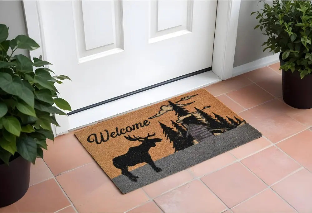 18" X 30" Brown and Black Coir Woodland Welcome Outdoor Door Mat - NOBLE HOME INTERIORS