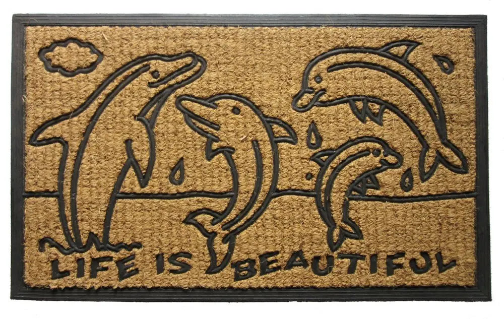18" X 30" Brown and Black Rubber And Coir Dolphin Life is Beautiful Outdoor Door Mat - NOBLE HOME INTERIORS