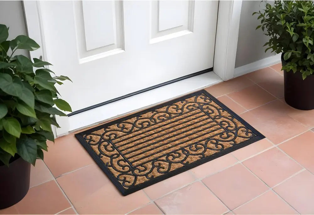 18" X 30" Brown and Black Rubber Scrollwork Outdoor Door Mat - NOBLE HOME INTERIORS