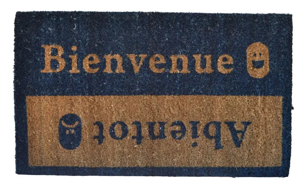 18" X 30" Brown and Blue Coir Bienvenue Abientot Outdoor Door Mat - NOBLE HOME INTERIORS