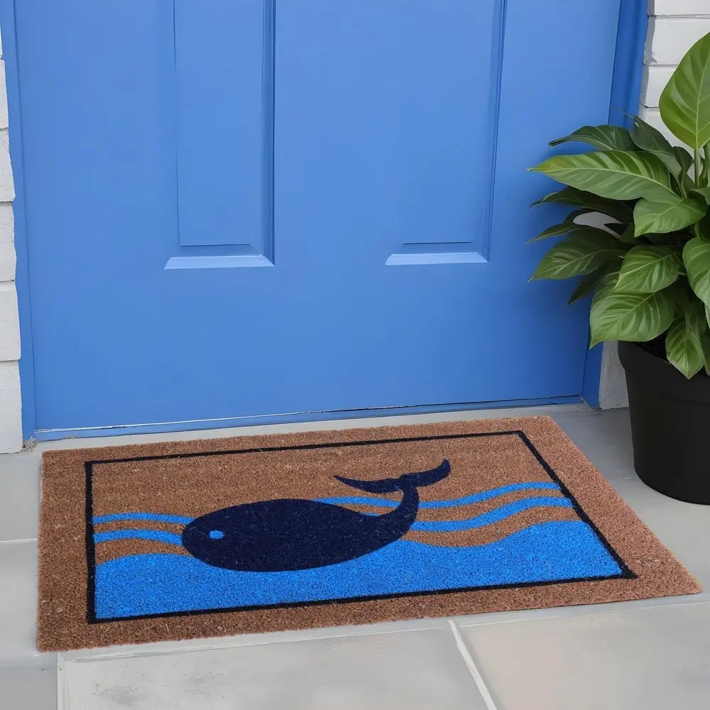 18" X 30" Brown Blue And Red Coir Whale Outdoor Door Mat - NOBLE HOME INTERIORS