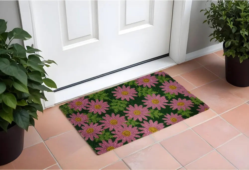 18" X 30" Pink and Green Coir Floral Outdoor Spring Door Mat - NOBLE HOME INTERIORS