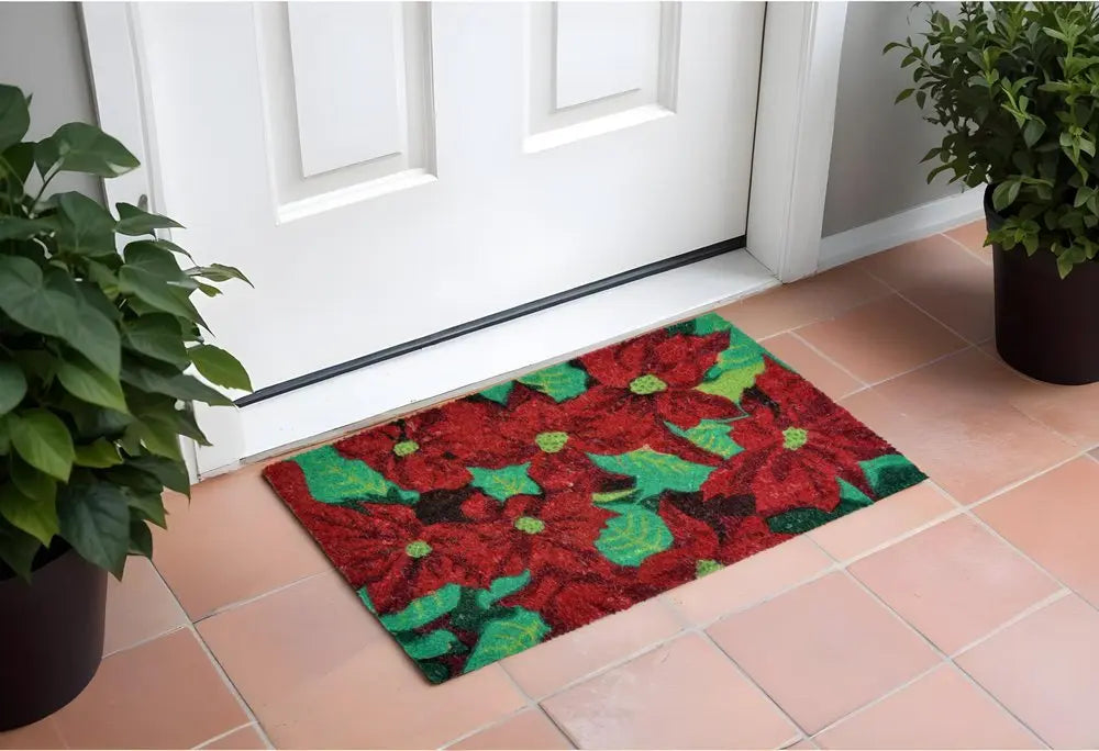 18" X 30" Red and Green Coir Poinsettia Outdoor Christmas Door Mat - NOBLE HOME INTERIORS