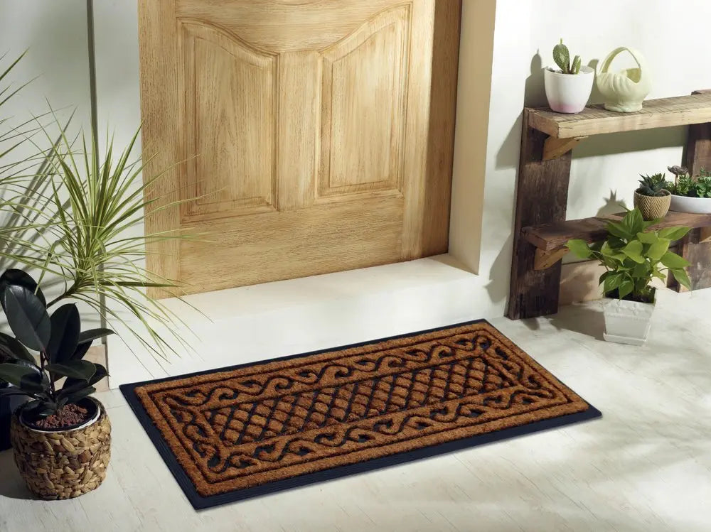 18" X 47" Beige and Black Rubber and Coir Outdoor Door Mat - NOBLE HOME INTERIORS