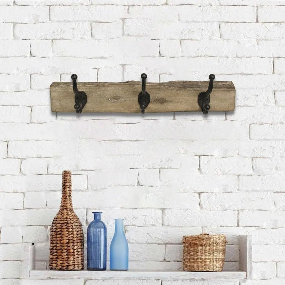 19" Brown Natural Rustic Live Edge Wood Three Hook Wall Mount Coat Rack - NOBLE HOME INTERIORS