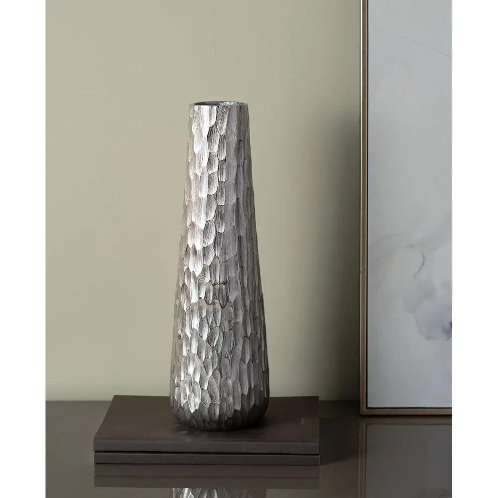 19" Silver Cast Aluminum Carved Geometric Table Vase - NOBLE HOME INTERIORS