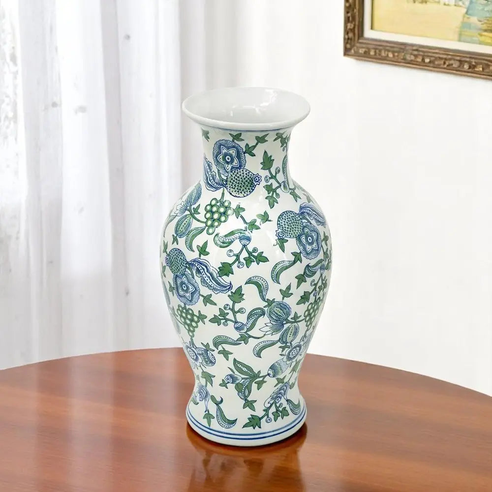 19" White Blue And Green Floral Urn Porcelain Table Vase - NOBLE HOME INTERIORS