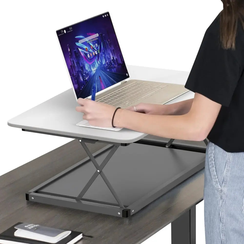 20" Adjustable White and Silver Stainless Steel Standing Desk Converter - NOBLE HOME INTERIORS