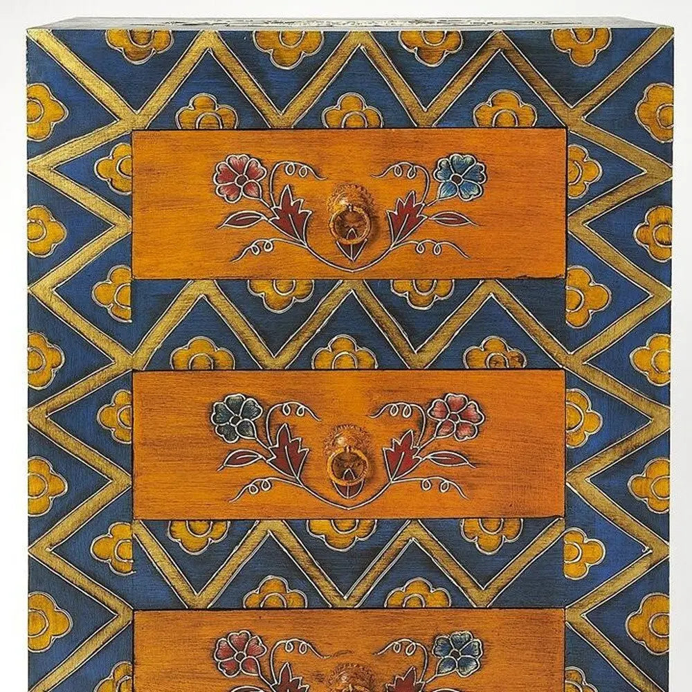 20" Blue and Brown Hand Painted Wood Accent Cabinet With Three Drawers - NOVA HOME FURNITURE